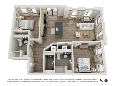 Floor plan for 2 beds, 2 baths, 999 sqft
